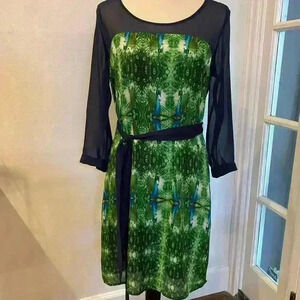 Mauve‎ Womens Dress Midi Belt peacocks blue green sheer long sleeve small